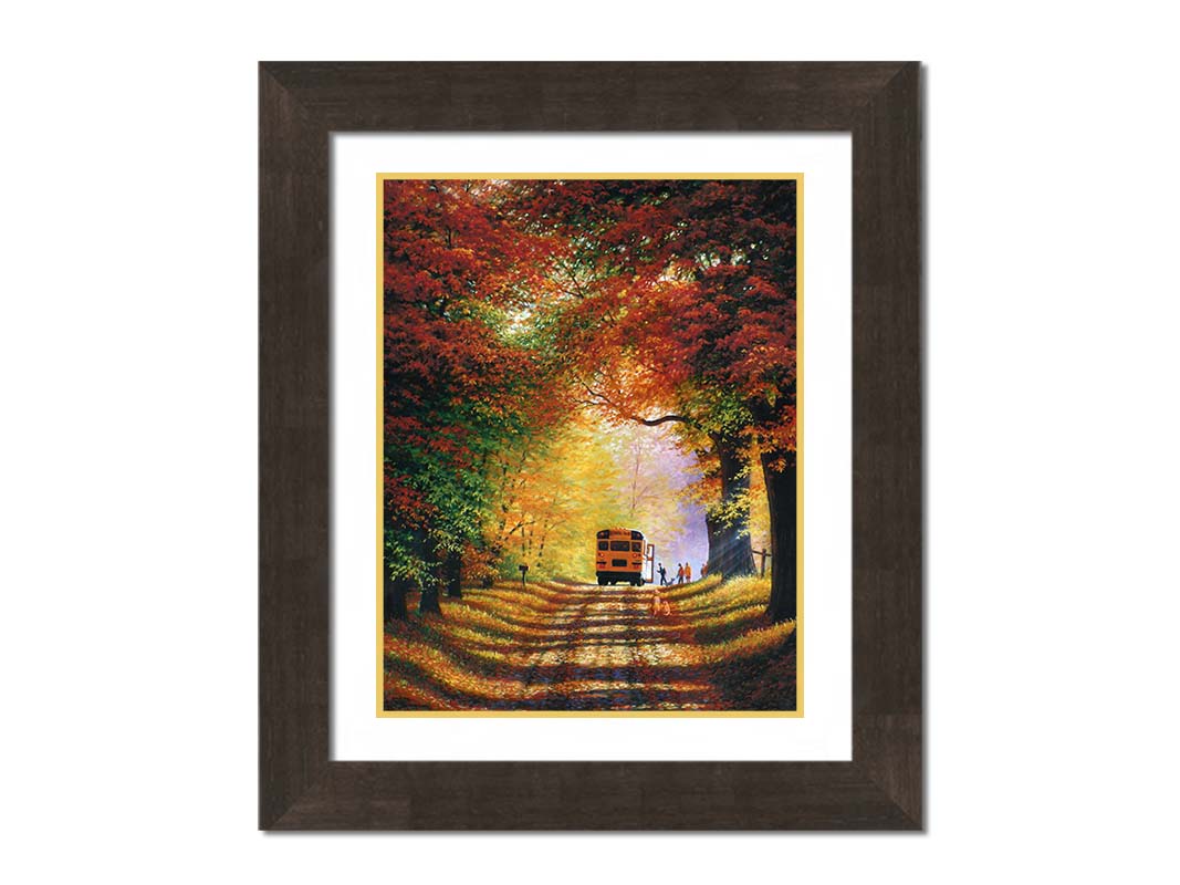 A painting of a narrow road trailing through an autumn forest, where a school bus has stopped to pick up children for school in golden morning light. Printed on paper, matted, and framed.