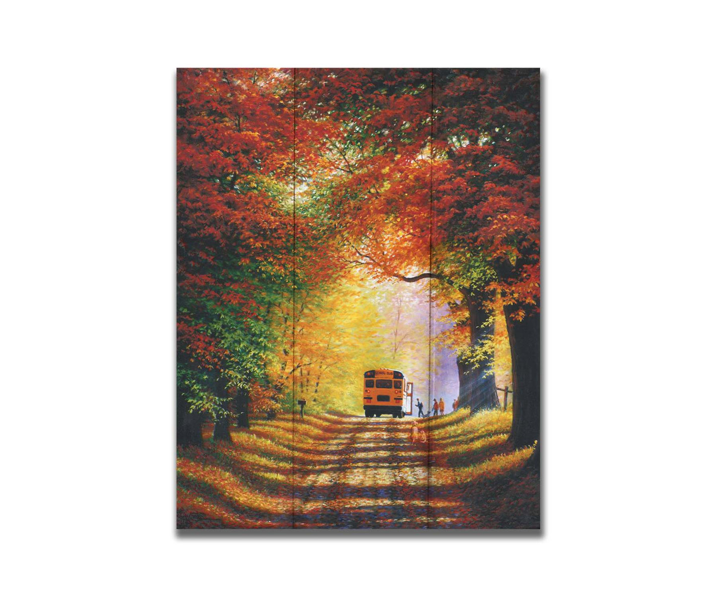 A painting of a narrow road trailing through an autumn forest, where a school bus has stopped to pick up children for school in golden morning light. Printed on a box board.