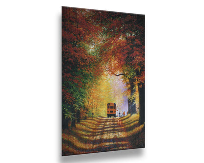 A painting of a narrow road trailing through an autumn forest, where a school bus has stopped to pick up children for school in golden morning light. Printed on metal.