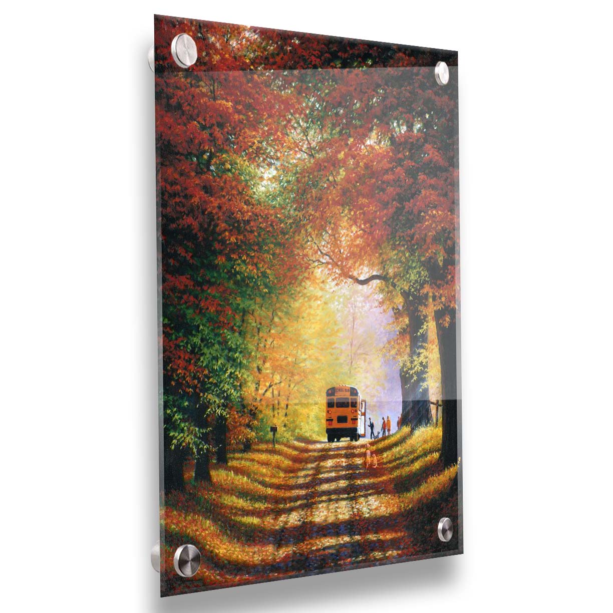 A painting of a narrow road trailing through an autumn forest, where a school bus has stopped to pick up children for school in golden morning light. Printed on acrylic.