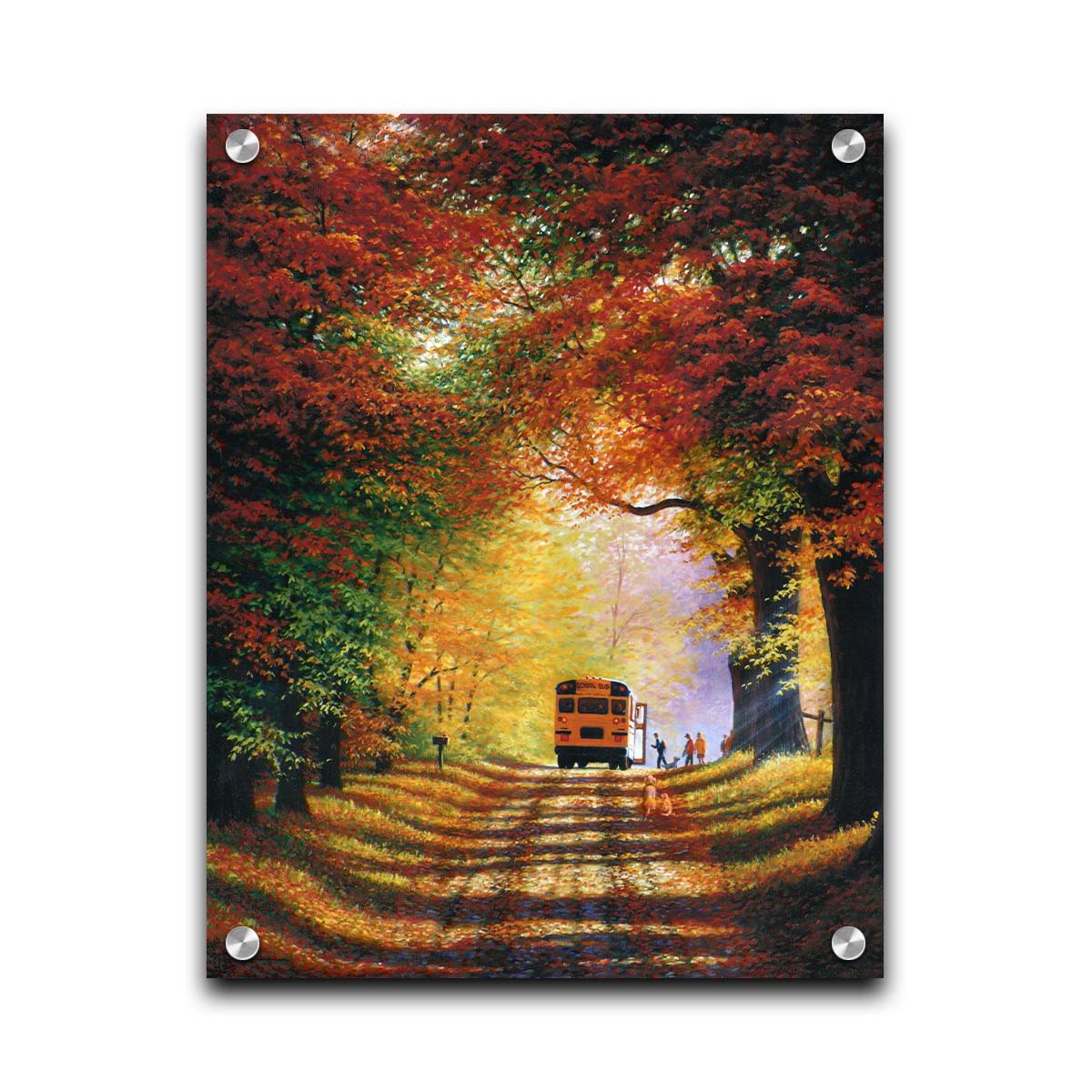 A painting of a narrow road trailing through an autumn forest, where a school bus has stopped to pick up children for school in golden morning light. Printed on acrylic.