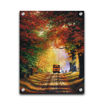 A painting of a narrow road trailing through an autumn forest, where a school bus has stopped to pick up children for school in golden morning light. Printed on acrylic.