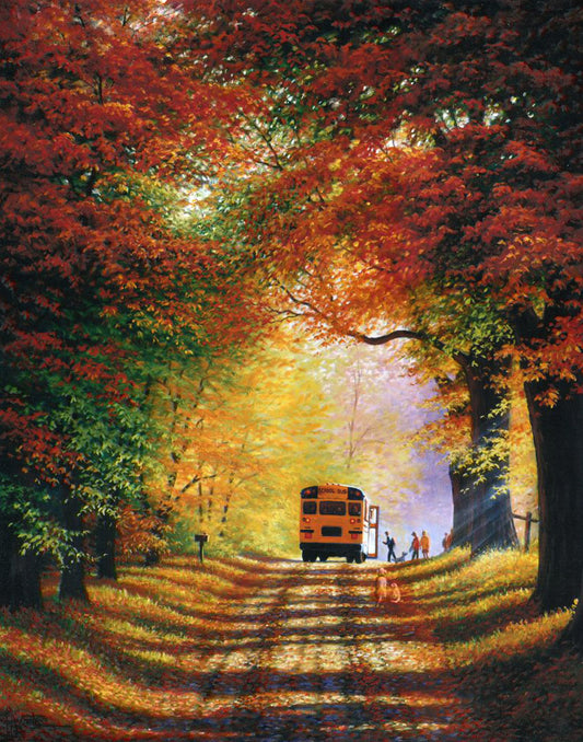 A painting of a narrow road trailing through an autumn forest, where a school bus has stopped to pick up children for school in golden morning light.