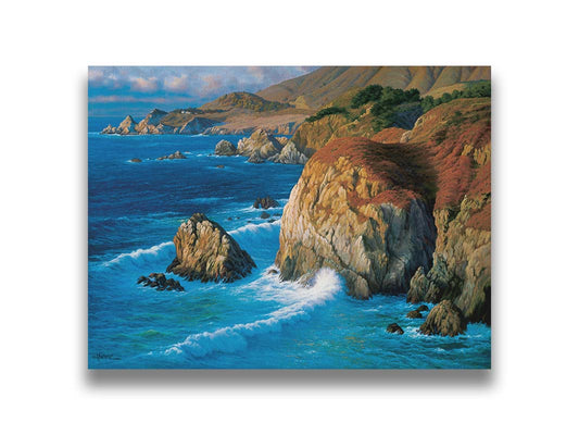 A painting of the rocky cliffsides of Big Sur, California. The vibrant blue waves contrast sharply with the oranges and browns of the grasses on the clifftops. Printed on canvas.