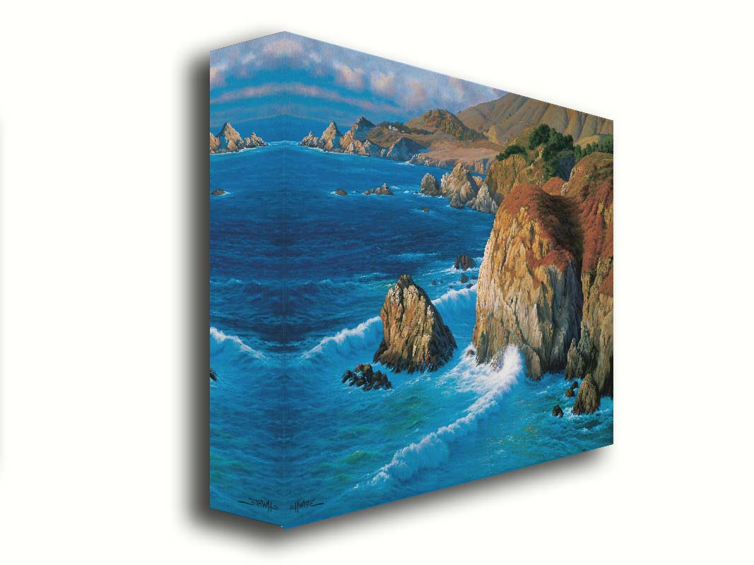 A painting of the rocky cliffsides of Big Sur, California. The vibrant blue waves contrast sharply with the oranges and browns of the grasses on the clifftops. Printed on canvas.