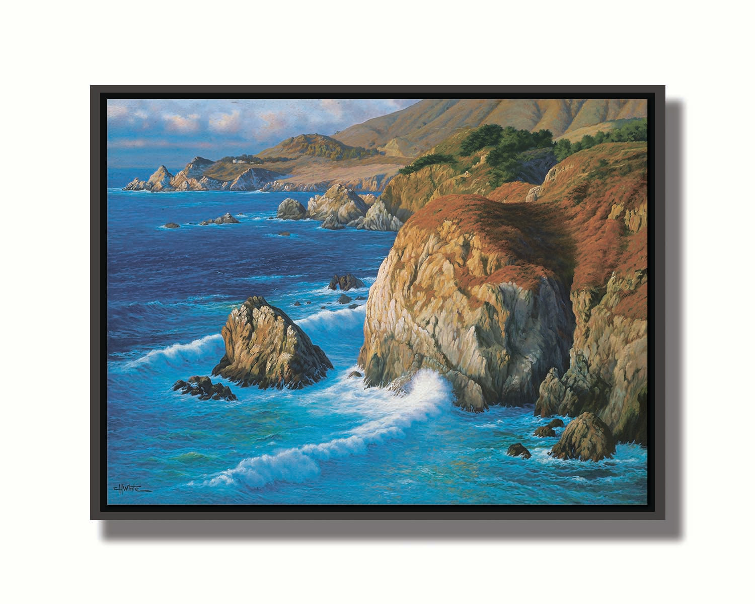 A painting of the rocky cliffsides of Big Sur, California. The vibrant blue waves contrast sharply with the oranges and browns of the grasses on the clifftops. Printed on canvas in a float frame.