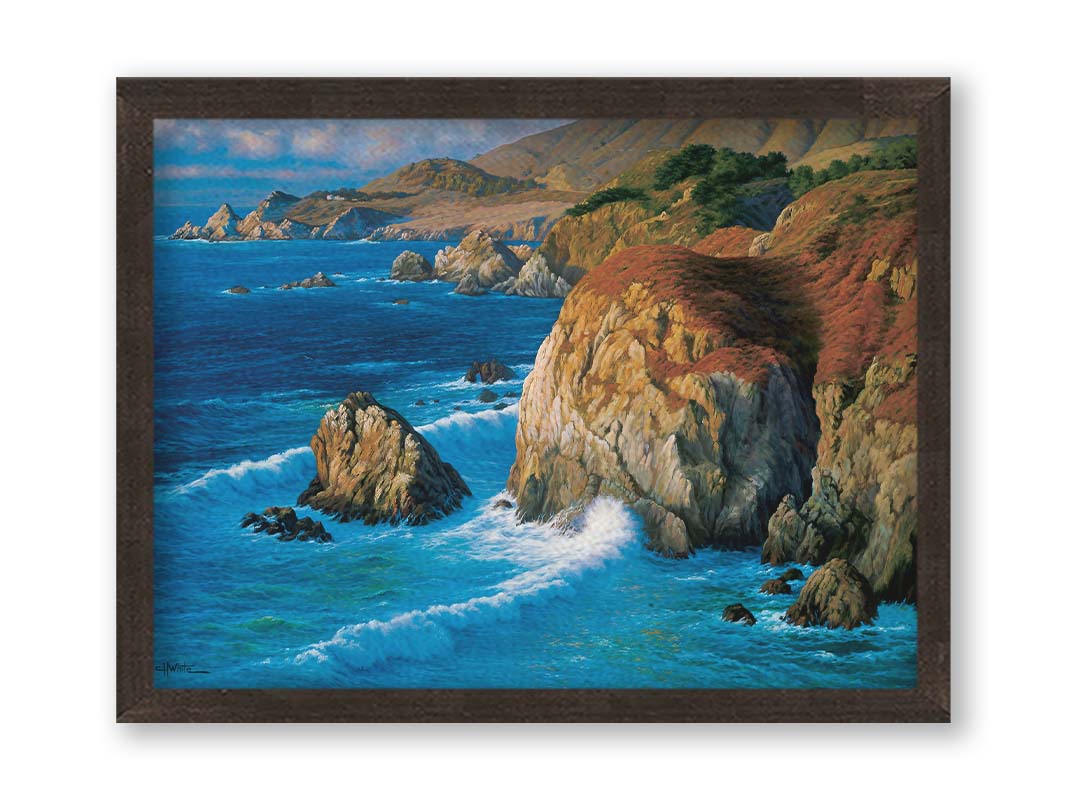 A painting of the rocky cliffsides of Big Sur, California. The vibrant blue waves contrast sharply with the oranges and browns of the grasses on the clifftops. Printed on canvas and framed.