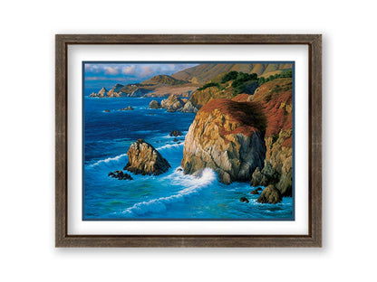 A painting of the rocky cliffsides of Big Sur, California. The vibrant blue waves contrast sharply with the oranges and browns of the grasses on the clifftops. Printed on paper, matted, and framed.