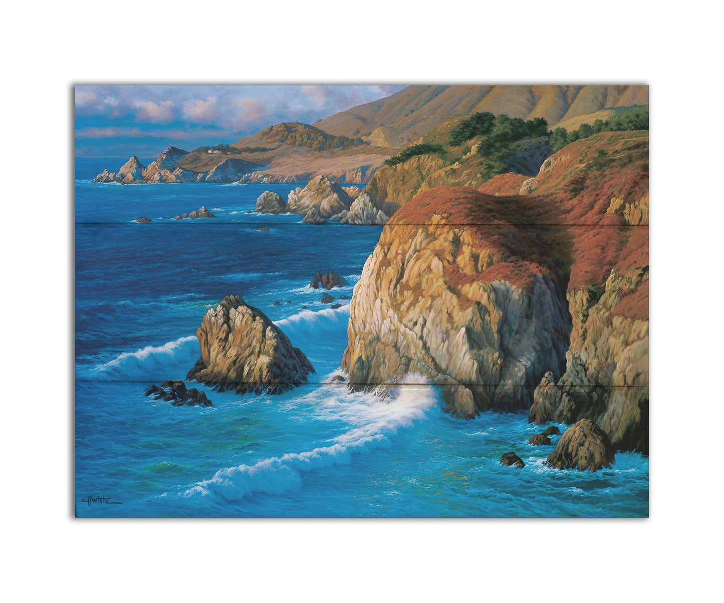 A painting of the rocky cliffsides of Big Sur, California. The vibrant blue waves contrast sharply with the oranges and browns of the grasses on the clifftops. Printed on a box board.