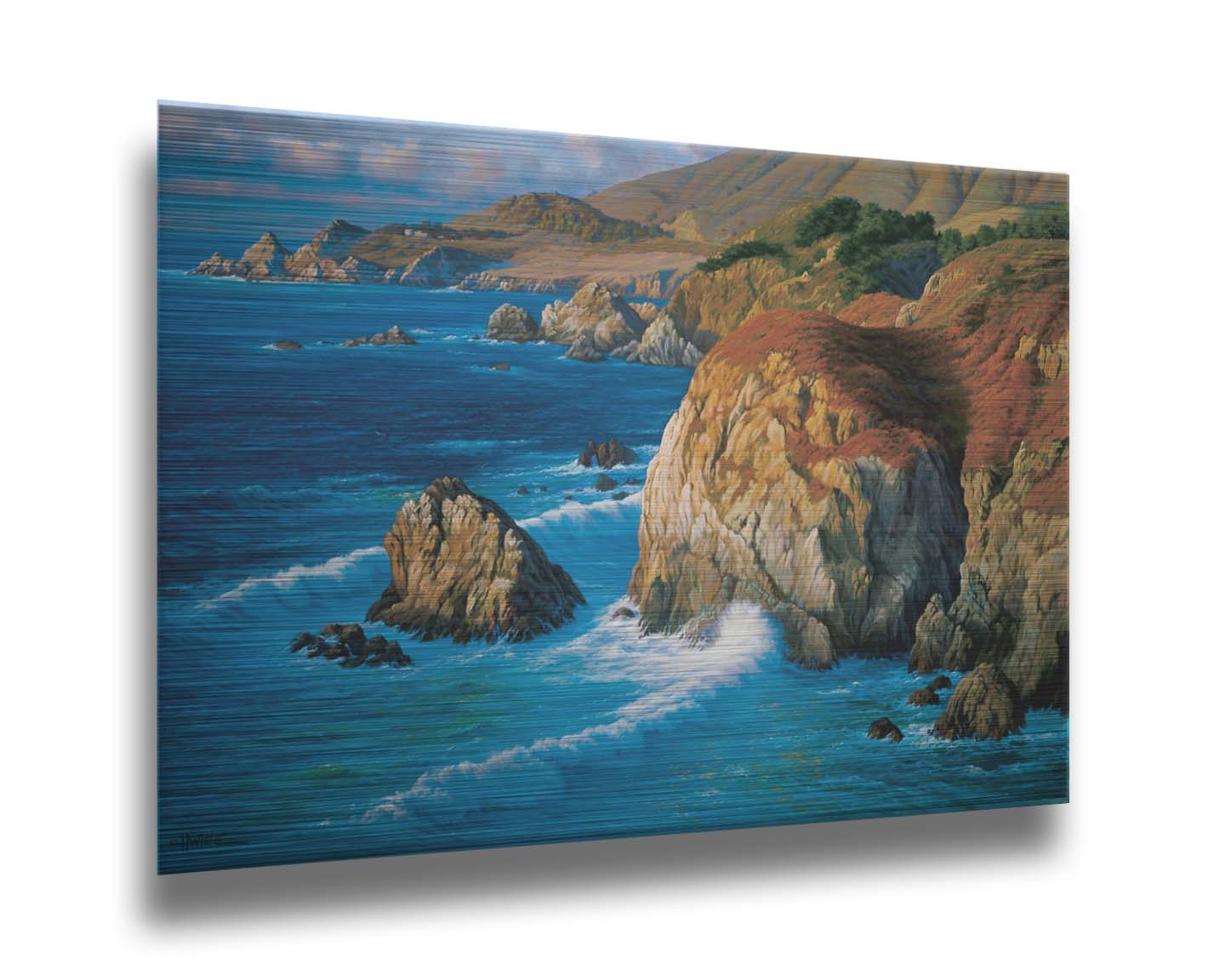 A painting of the rocky cliffsides of Big Sur, California. The vibrant blue waves contrast sharply with the oranges and browns of the grasses on the clifftops. Printed on metal.