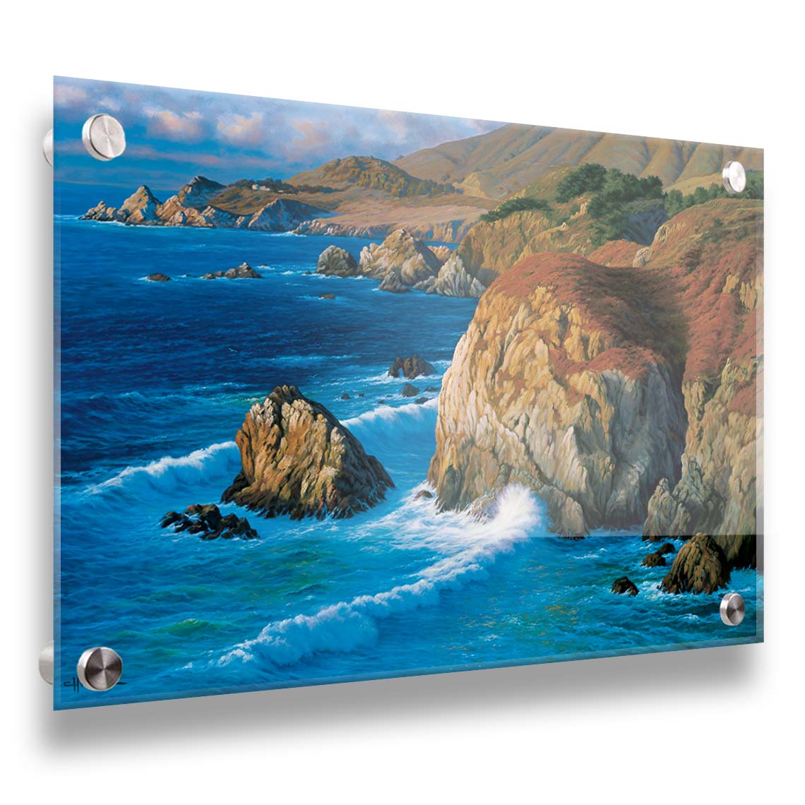 A painting of the rocky cliffsides of Big Sur, California. The vibrant blue waves contrast sharply with the oranges and browns of the grasses on the clifftops. Printed on acrylic.