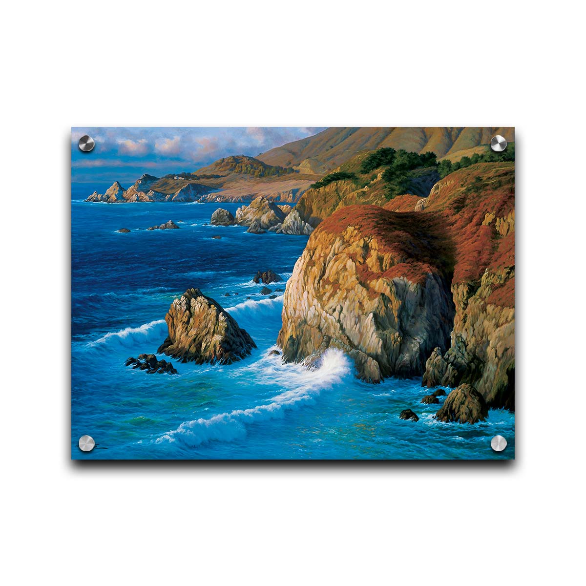 A painting of the rocky cliffsides of Big Sur, California. The vibrant blue waves contrast sharply with the oranges and browns of the grasses on the clifftops. Printed on acrylic.