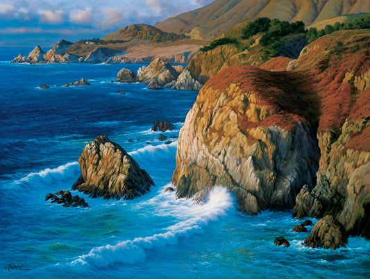 A painting of the rocky cliffsides of Big Sur, California. The vibrant blue waves contrast sharply with the oranges and browns of the grasses on the clifftops.