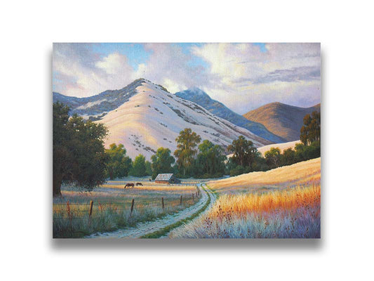 A painting of the volcanic hills of the Santa Ynez mountains from the perspective of the valley below. Clouds cast blue shadows between the light on the golden grasses of a field where horses graze. The mountain range reaches up through low clouds in the distance. Printed on canvas.