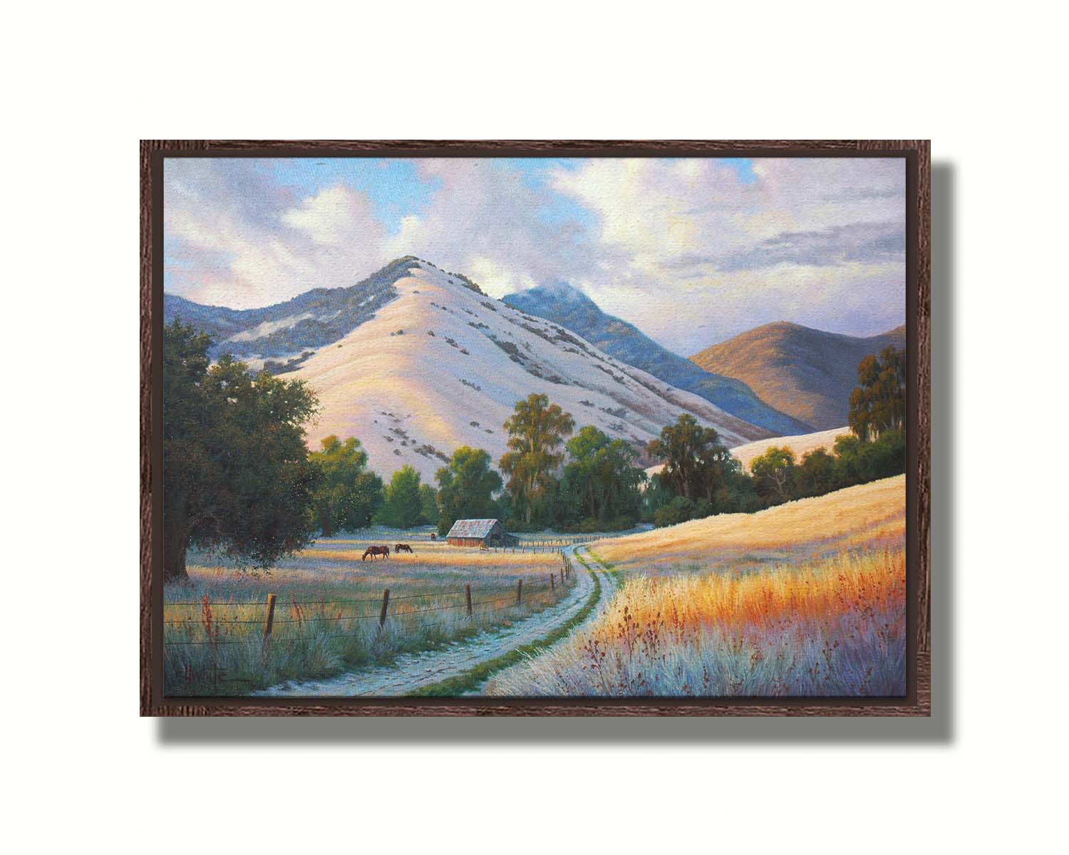 A painting of the volcanic hills of the Santa Ynez mountains from the perspective of the valley below. Clouds cast blue shadows between the light on the golden grasses of a field where horses graze. The mountain range reaches up through low clouds in the distance. Printed on canvas in a float frame.