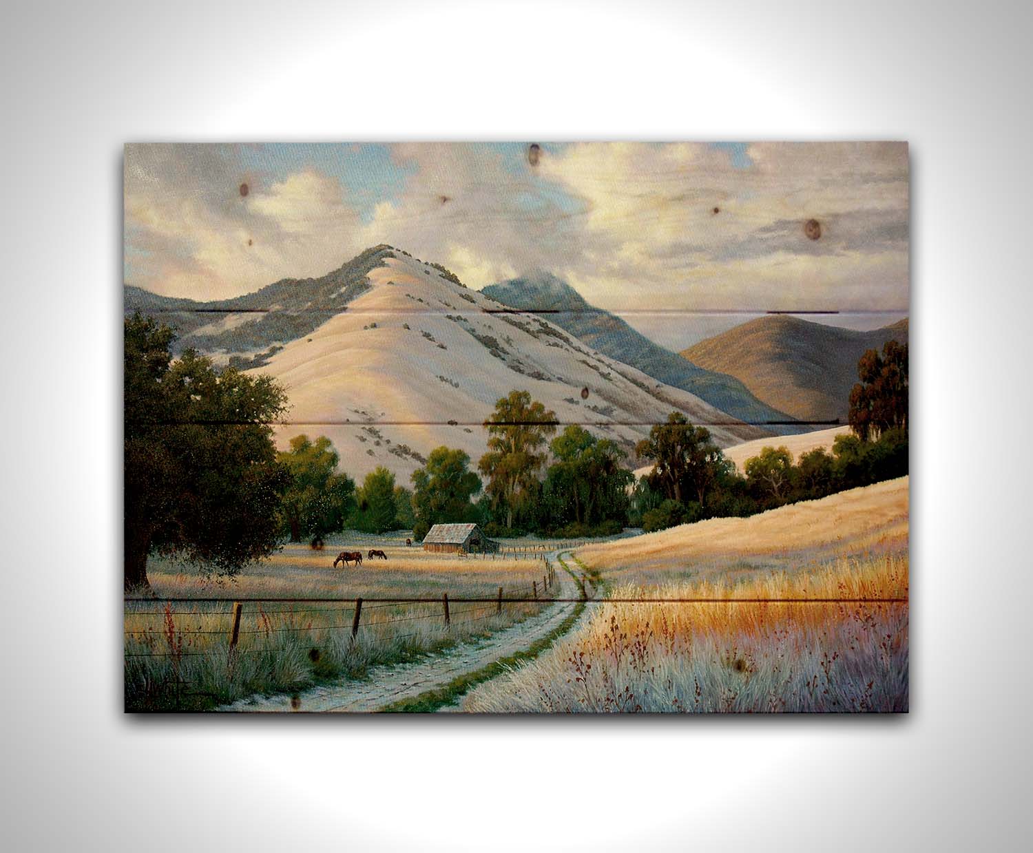 A painting of the volcanic hills of the Santa Ynez mountains from the perspective of the valley below. Clouds cast blue shadows between the light on the golden grasses of a field where horses graze. The mountain range reaches up through low clouds in the distance. Printed on a wood pallet.