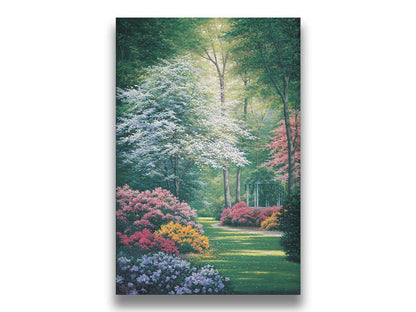 A painting of a vibrant garden, featuring a white gazebo. Flowering shrubs in an array of colors line the grassy path. Printed on canvas.