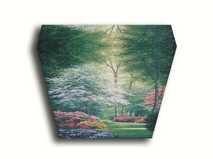 A painting of a vibrant garden, featuring a white gazebo. Flowering shrubs in an array of colors line the grassy path. Printed on canvas.