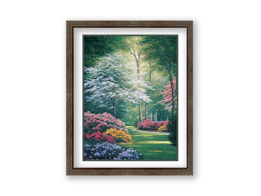 A painting of a vibrant garden, featuring a white gazebo. Flowering shrubs in an array of colors line the grassy path. Printed on paper, matted, and framed.