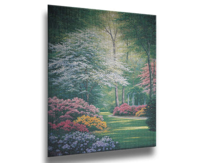 A painting of a vibrant garden, featuring a white gazebo. Flowering shrubs in an array of colors line the grassy path. Printed on metal.