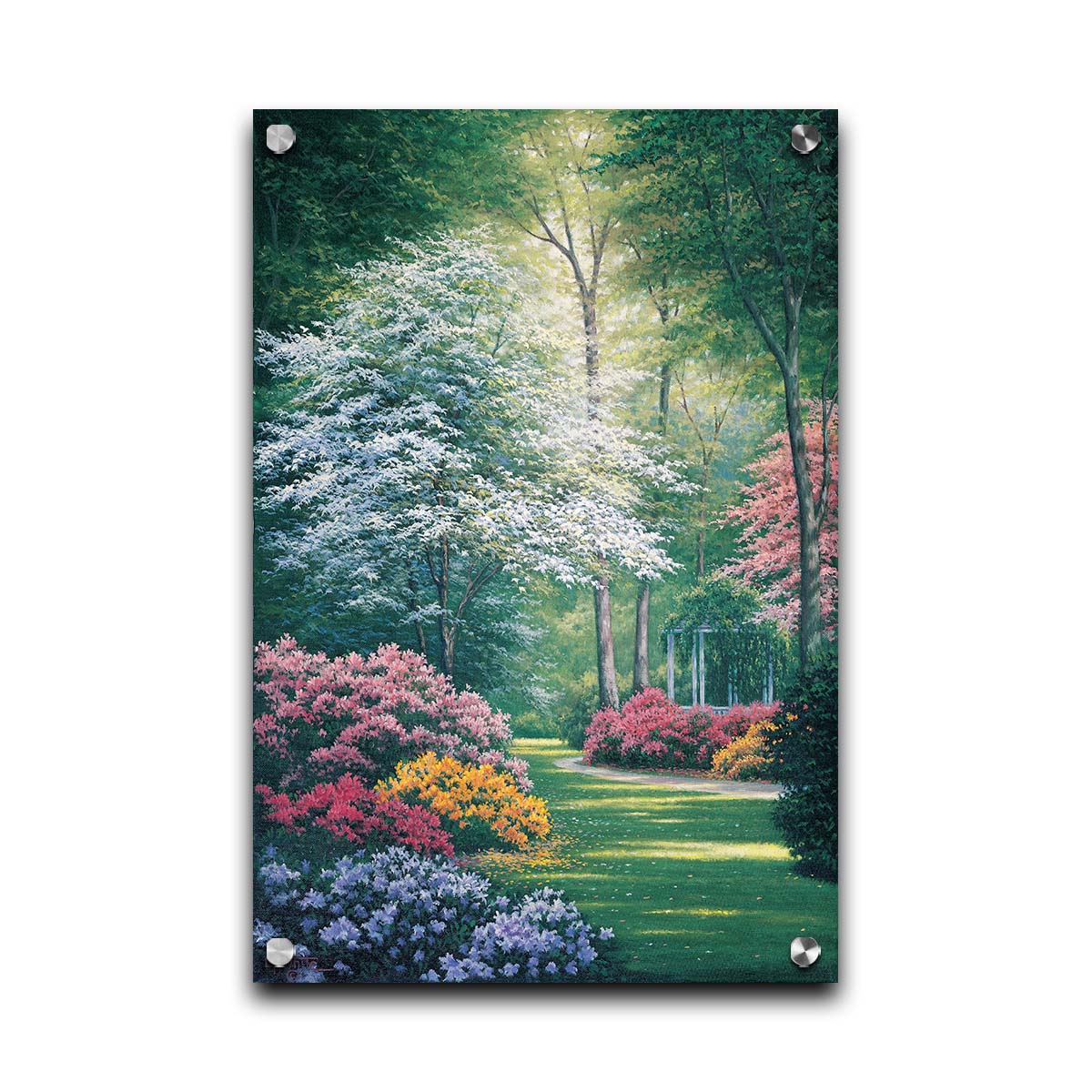 A painting of a vibrant garden, featuring a white gazebo. Flowering shrubs in an array of colors line the grassy path. Printed on acrylic.