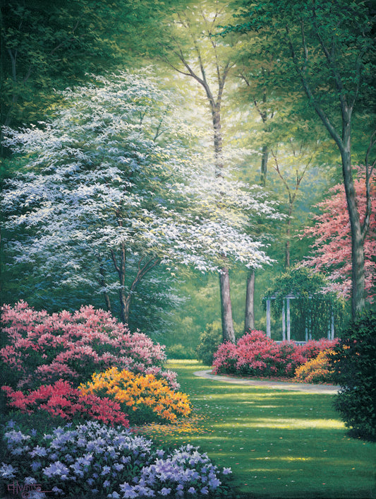 A painting of a vibrant garden, featuring a white gazebo. Flowering shrubs in an array of colors line the grassy path. 