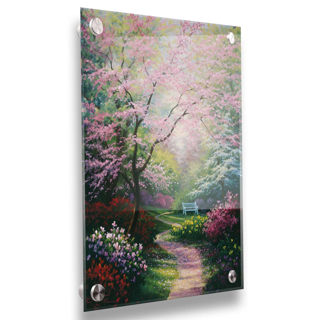 A painting of a garden in spring, with pink, red, and white blossoms on the bushes and trees. Pink petals fall from a tree by the narrow path, piling on the ground. A park bench can be seen in the distance. Printed on acrylic.