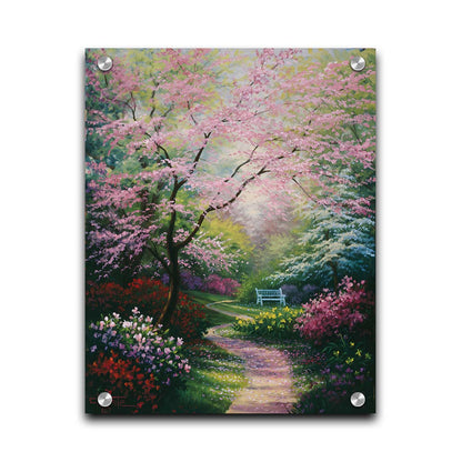 A painting of a garden in spring, with pink, red, and white blossoms on the bushes and trees. Pink petals fall from a tree by the narrow path, piling on the ground. A park bench can be seen in the distance. Printed on acrylic.