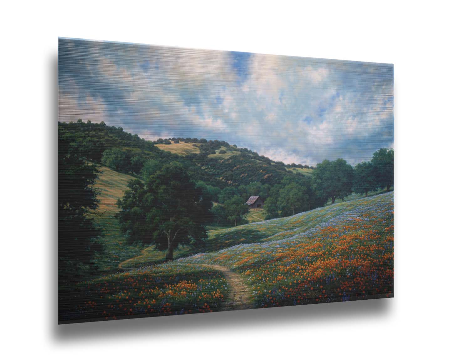 A painting of a hillside meadow of orange and blue flowers. A thin dirt path cuts through the meadow, leading to an old barn in the distance. Printed on metal.