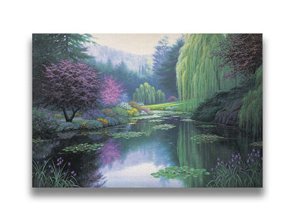 A painting of a tranquil lake, reflecting the greens, pinks, purples, and blues of the spring plant growth. Printed on canvas.