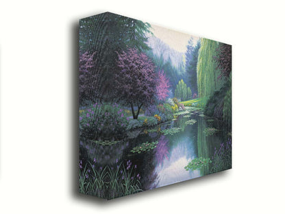 A painting of a tranquil lake, reflecting the greens, pinks, purples, and blues of the spring plant growth. Printed on canvas.