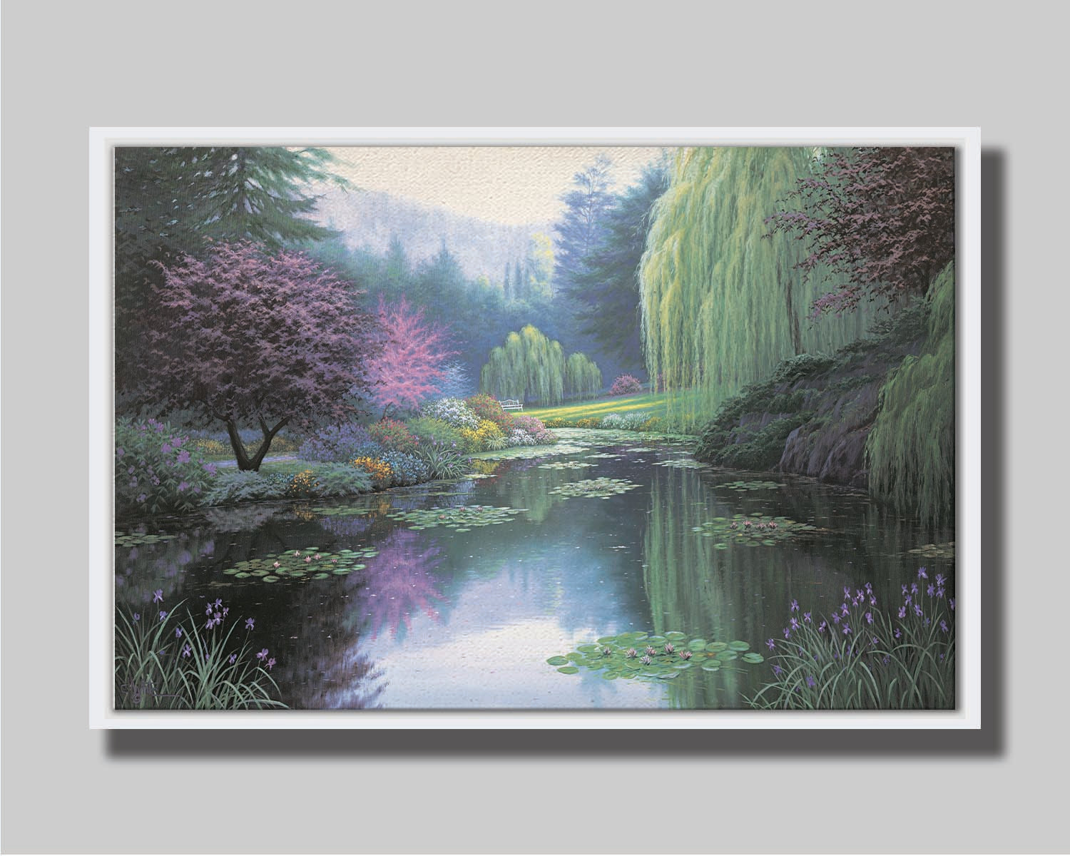 A painting of a tranquil lake, reflecting the greens, pinks, purples, and blues of the spring plant growth. Printed on canvas in a float frame.