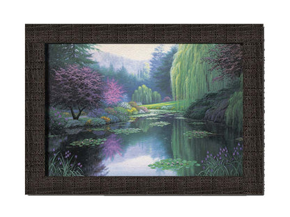 A painting of a tranquil lake, reflecting the greens, pinks, purples, and blues of the spring plant growth. Printed on canvas and framed.