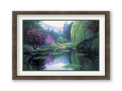 A painting of a tranquil lake, reflecting the greens, pinks, purples, and blues of the spring plant growth. Printed on paper, matted, and framed.