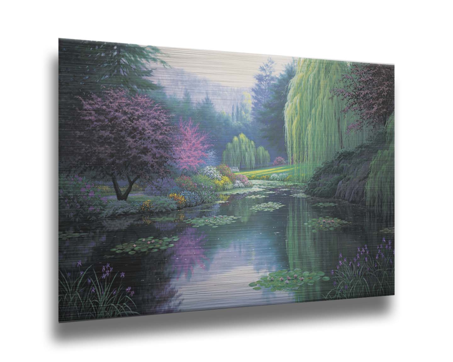 A painting of a tranquil lake, reflecting the greens, pinks, purples, and blues of the spring plant growth. Printed on metal.