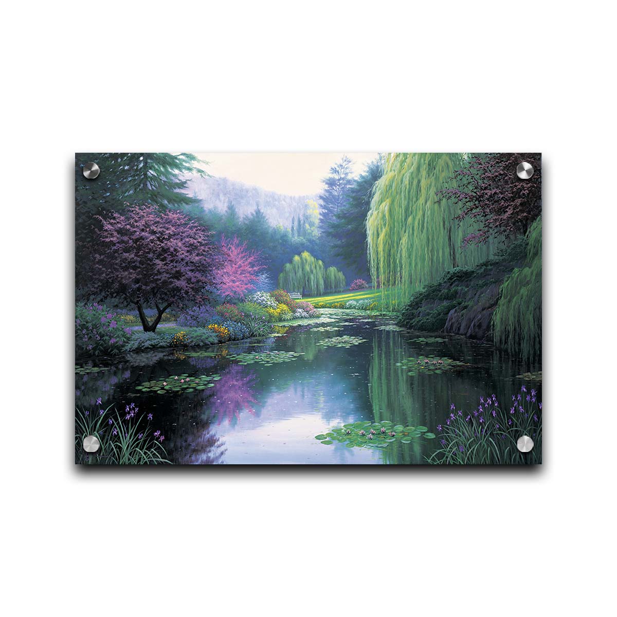 A painting of a tranquil lake, reflecting the greens, pinks, purples, and blues of the spring plant growth. Printed on acrylic.