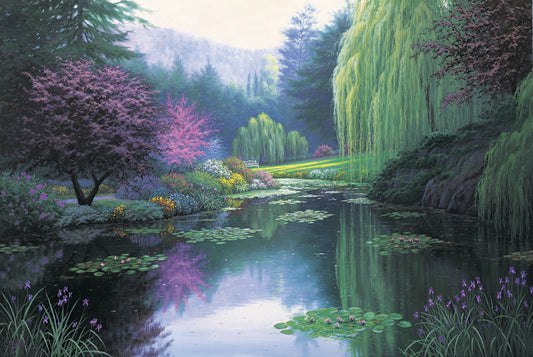 A painting of a tranquil lake, reflecting the greens, pinks, purples, and blues of the spring plant growth. 