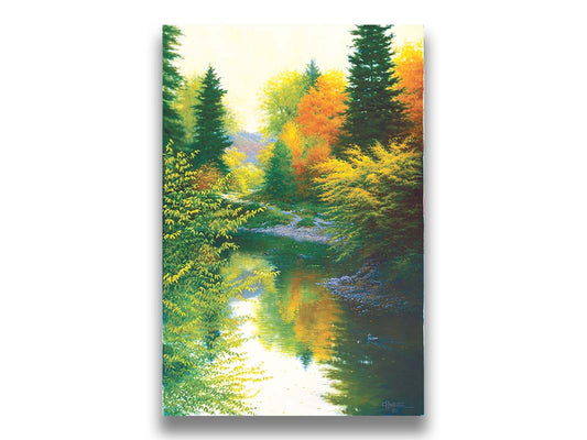 A painting of tranquil water reflecting a forest of orange, yellow, and green trees. A few ducks can be seen swimming on the water. Printed on canvas.