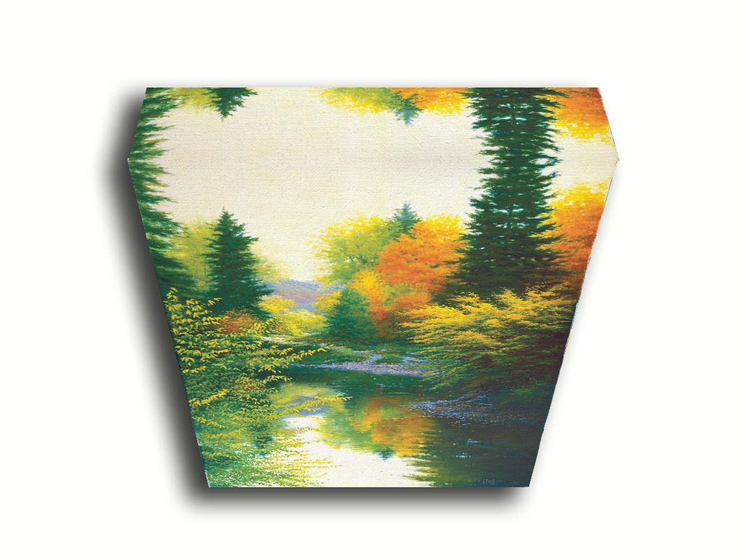 A painting of tranquil water reflecting a forest of orange, yellow, and green trees. A few ducks can be seen swimming on the water. Printed on canvas.