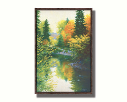 A painting of tranquil water reflecting a forest of orange, yellow, and green trees. A few ducks can be seen swimming on the water. Printed on canvas in a float frame.