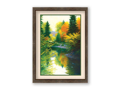 A painting of tranquil water reflecting a forest of orange, yellow, and green trees. A few ducks can be seen swimming on the water. Printed on paper, matted, and framed.