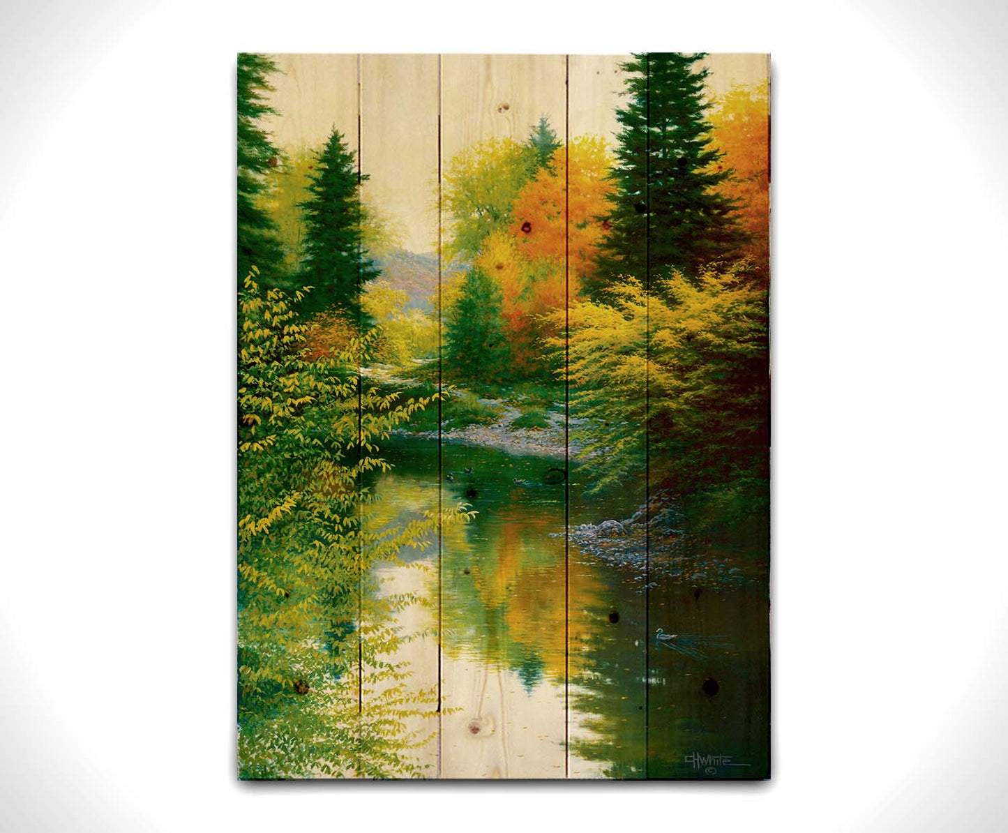 A painting of tranquil water reflecting a forest of orange, yellow, and green trees. A few ducks can be seen swimming on the water. Printed on a wood pallet.