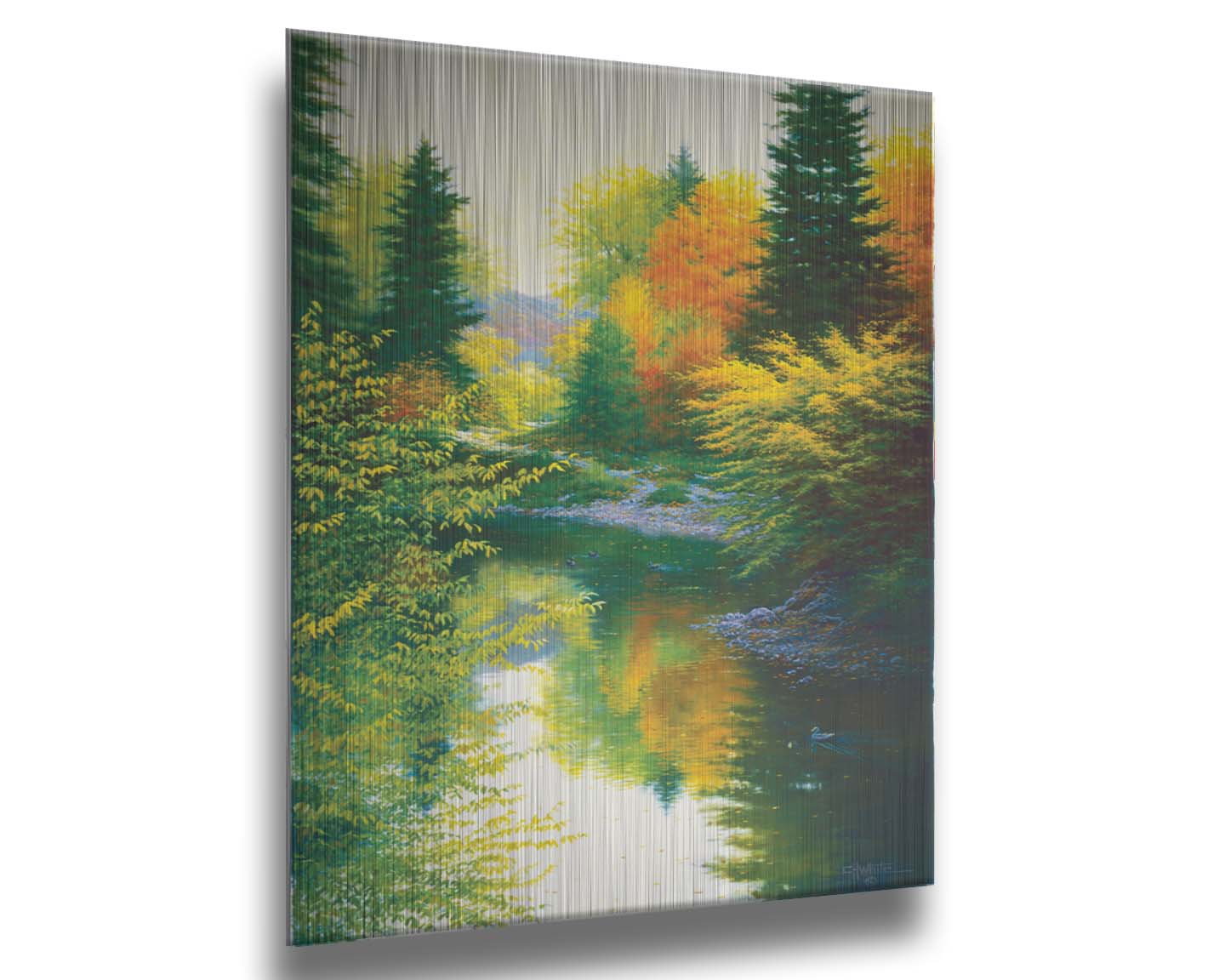 A painting of tranquil water reflecting a forest of orange, yellow, and green trees. A few ducks can be seen swimming on the water. Printed on metal.