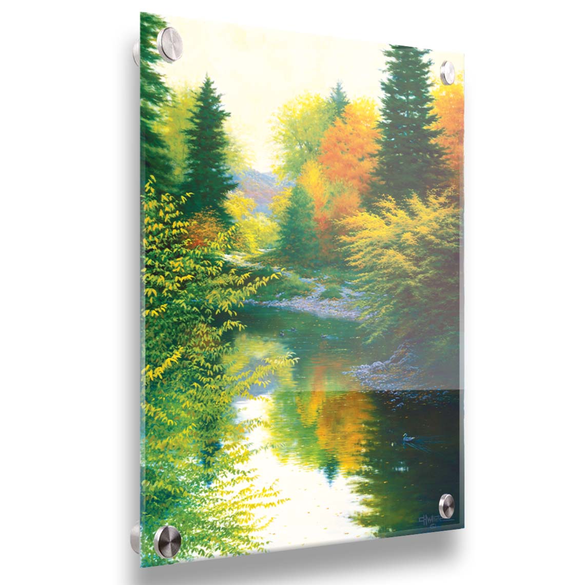 A painting of tranquil water reflecting a forest of orange, yellow, and green trees. A few ducks can be seen swimming on the water. Printed on acrylic.