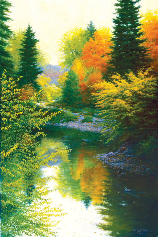 A painting of tranquil water reflecting a forest of orange, yellow, and green trees. A few ducks can be seen swimming on the water. 