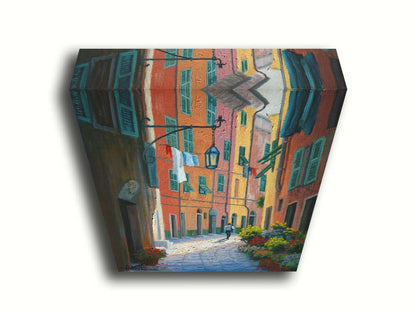 A painting of a stone path through Portofino, Italy. Warm-colored building line the road, clothes hanging from their window lines. Potted flowers grow at the doorsteps. Printed on canvas.