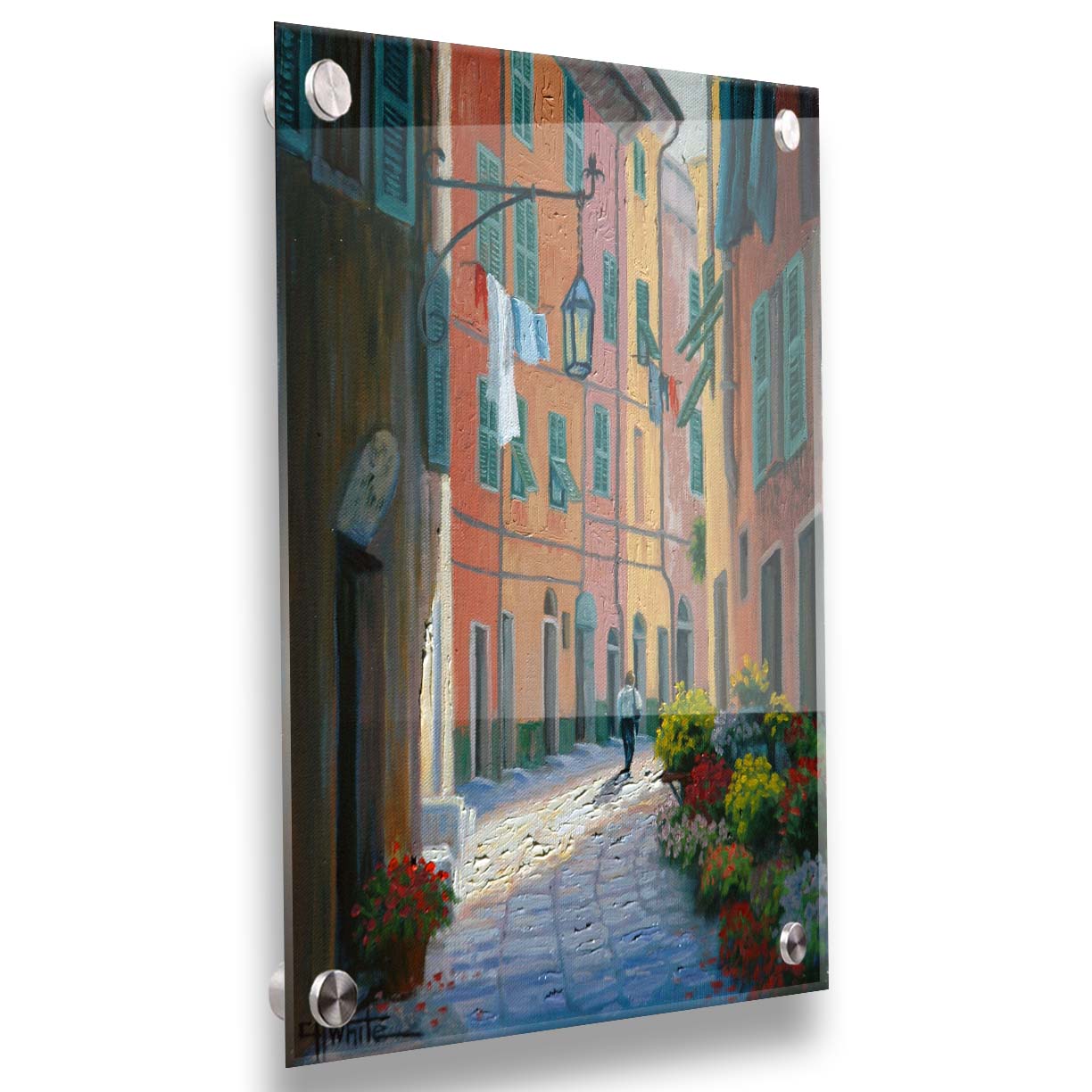 A painting of a stone path through Portofino, Italy. Warm-colored building line the road, clothes hanging from their window lines. Potted flowers grow at the doorsteps. Printed on acrylic.