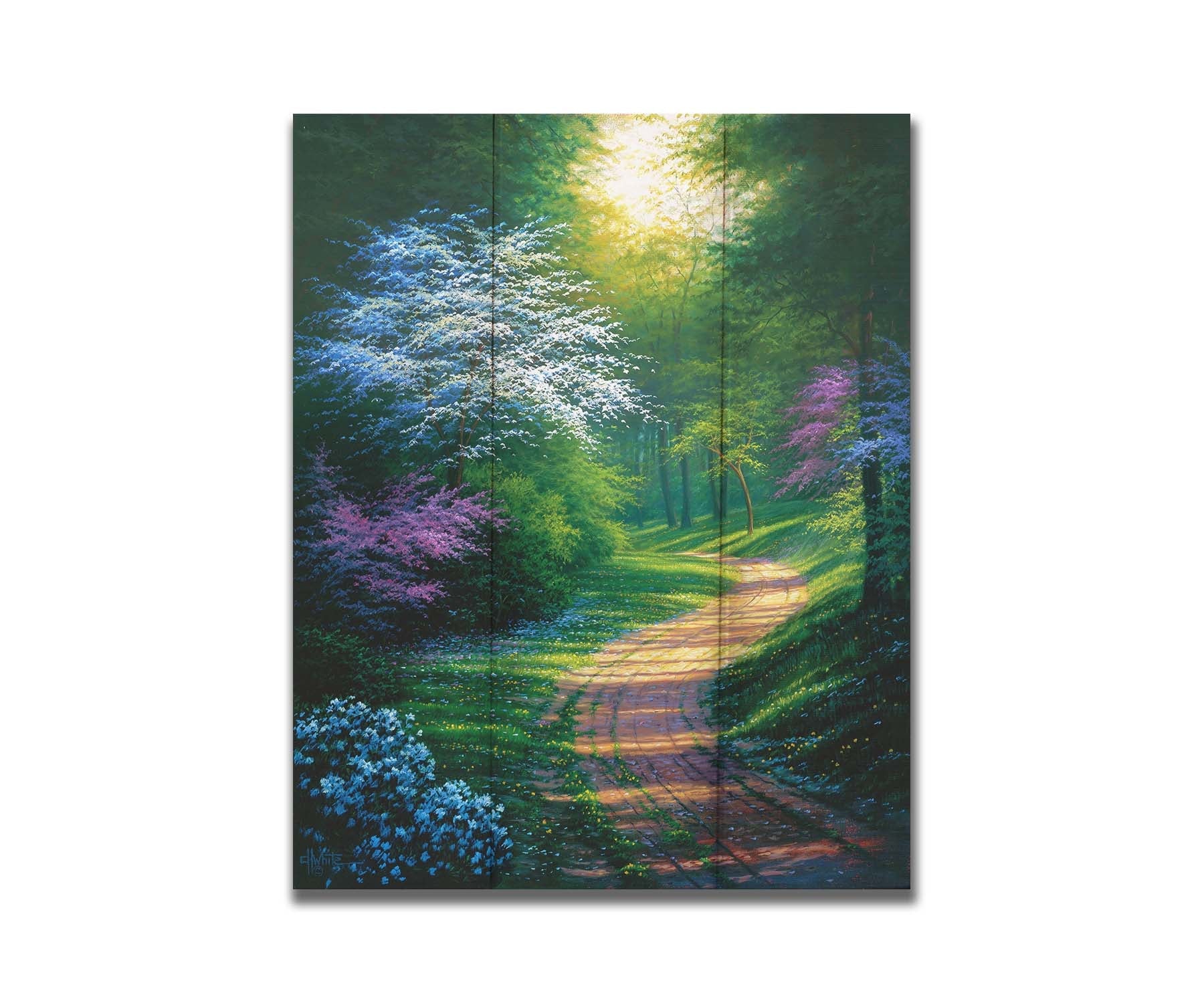 A painting of a dirt path through a wooded area during spring. Trees lining the road bloom in pink and white. Small yellow flowers dot the grass around the path. Printed on a box board.