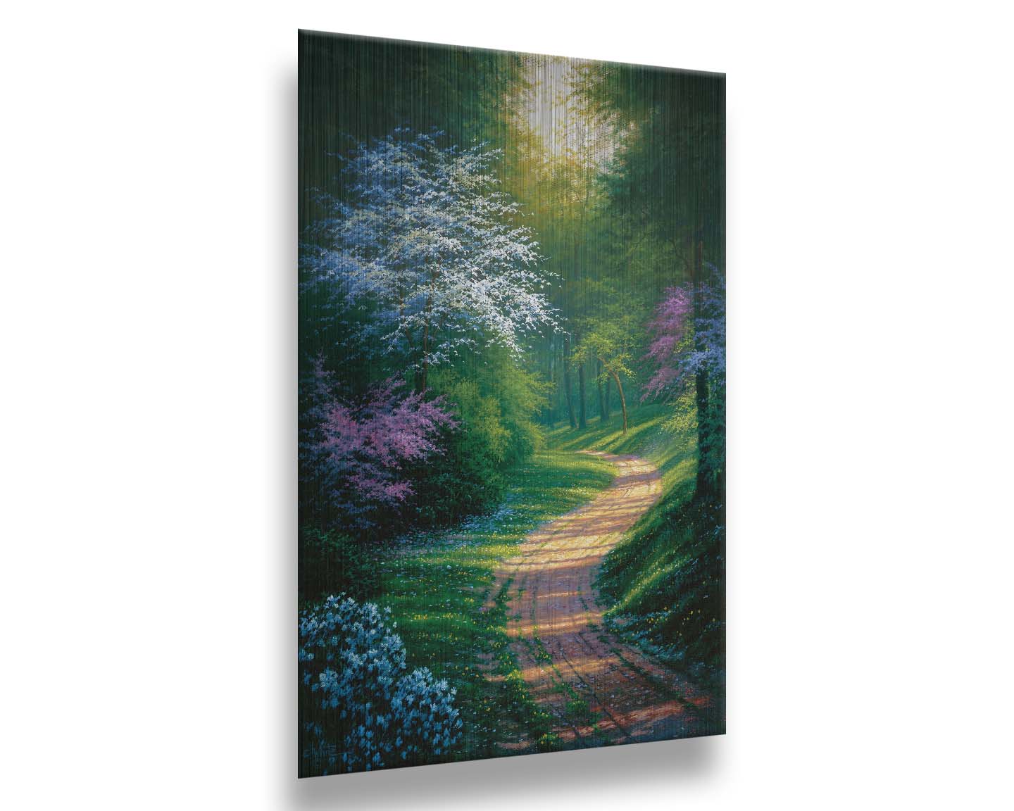 A painting of a dirt path through a wooded area during spring. Trees lining the road bloom in pink and white. Small yellow flowers dot the grass around the path. Printed on metal.