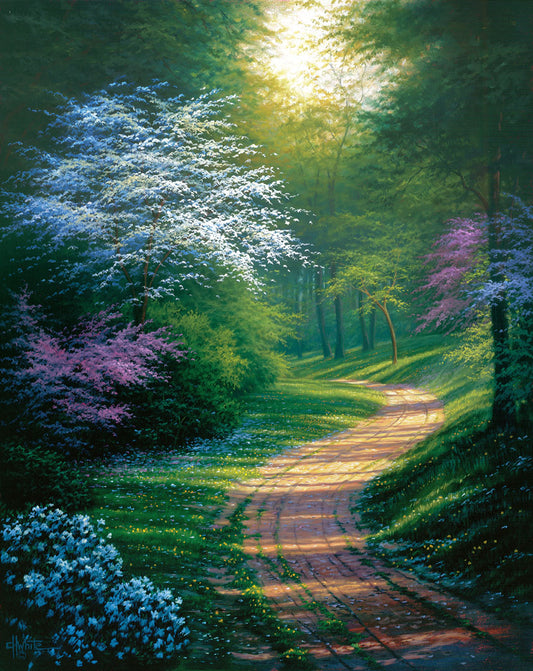 A painting of a dirt path through a wooded area during spring. Trees lining the road bloom in pink and white. Small yellow flowers dot the grass around the path.